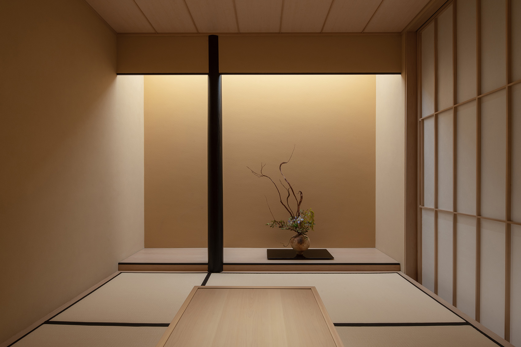 Traditional washitsu room with warm lighting
